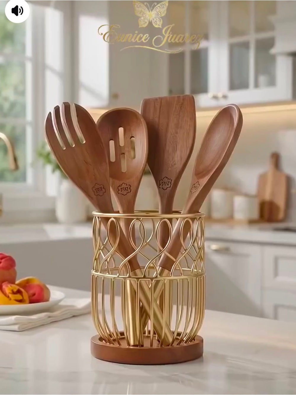 Princess House Wooden Cooking Utensil Set with Gold Holder